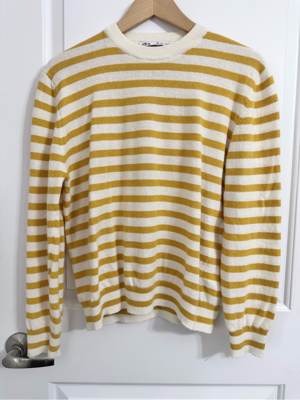 Zara yellow and white striped crewneck sweater, wool cashmere, medium